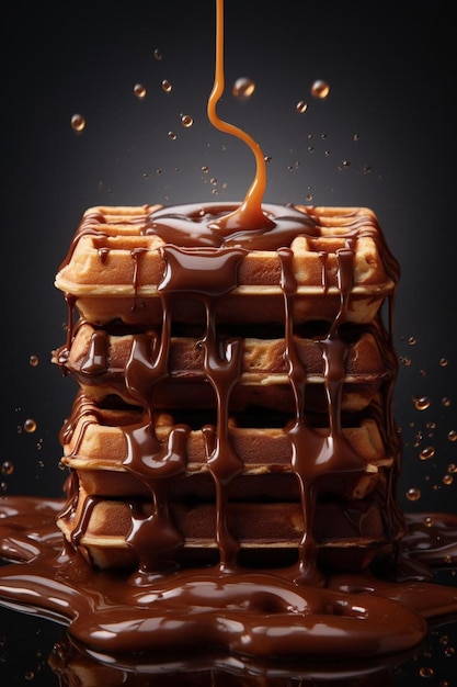 a stack of waffles with syrup and syrup.