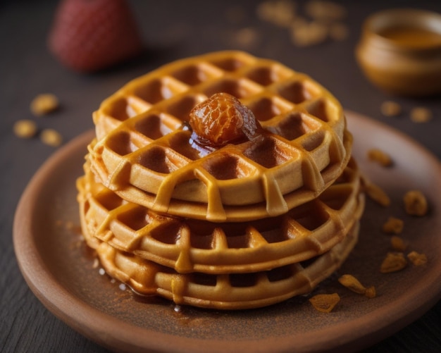 a stack of waffles with syrup on top
