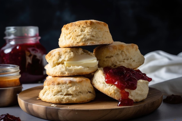 Stack of warm and buttery scones topped with juicy strawberry jam created with generative ai