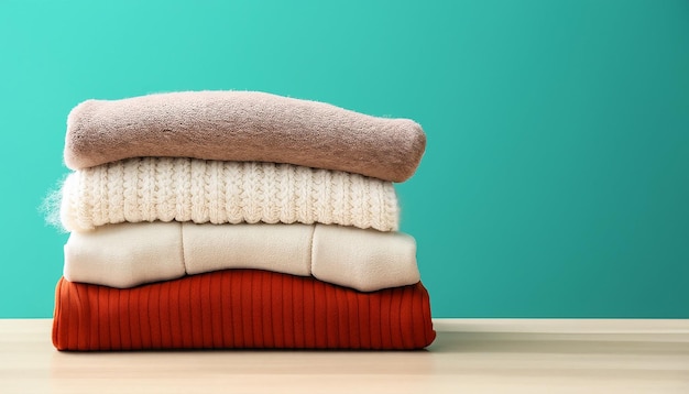 Photo stack of warm clothes on table against color background