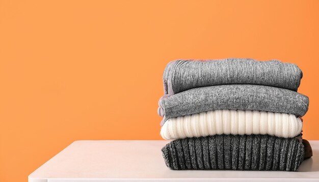 Photo stack of warm clothes on table against color background