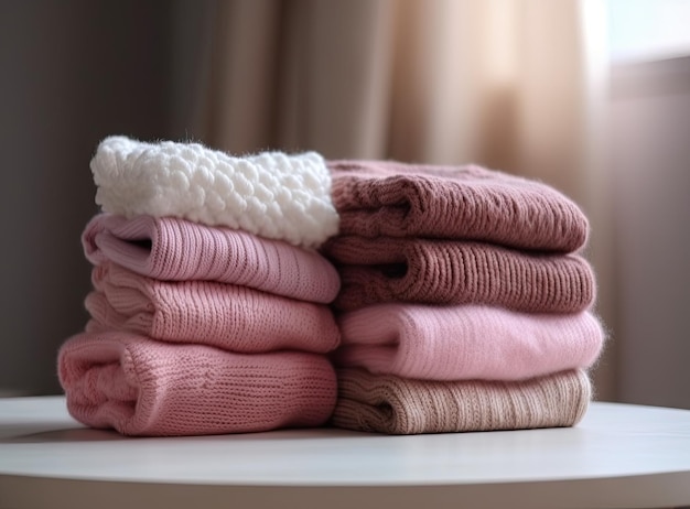 Stack of warm cozy knitted women's sweaters Cozy autumn or winter clothes Background