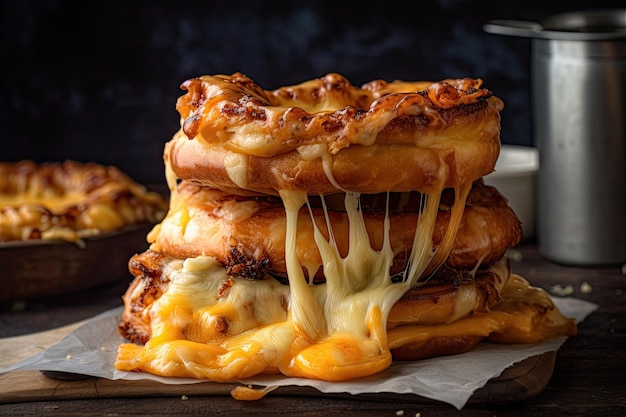 Stack of warm and crispy brezels topped with melted cheese