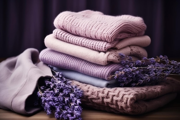 Stack of warm knitted clothes with lavender for autumn and winter seasons