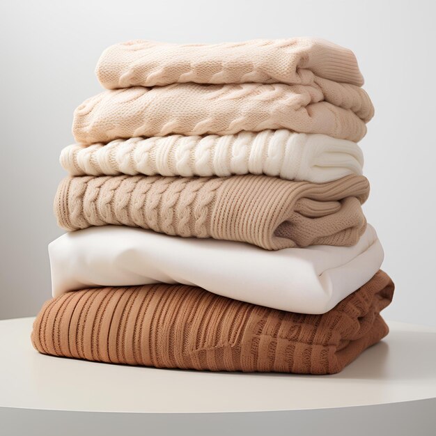 Stack of warm knitwear with beige and tan color