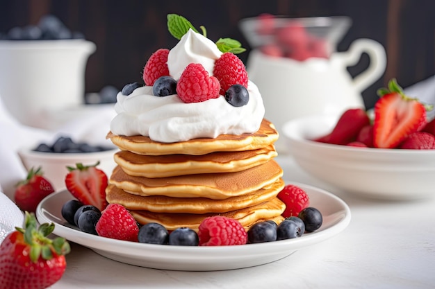Stack of warm pancakes topped with fresh berries and whipped cream created with generative ai