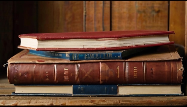 A stack of well loved books atop in the table