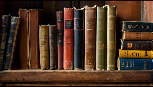 A stack of well loved books atop in the table