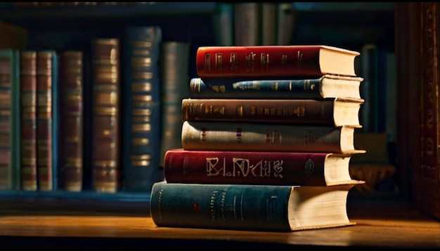 A stack of well loved books atop in the table