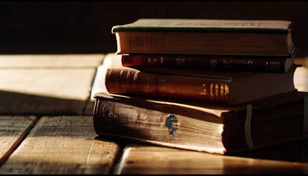 A stack of well loved books atop in the table