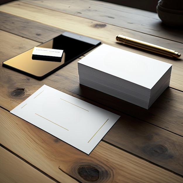 Photo a stack of white cards on a wooden table with a gold pen and a gold pen.