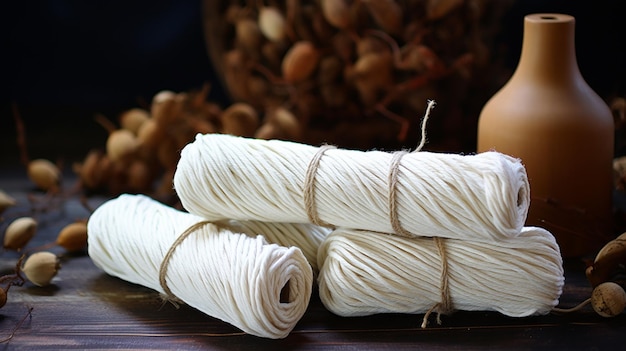 stack of white cotton rolls on wooden background