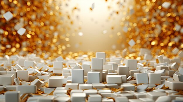 stack of white cubes and falling golden confetti decorations