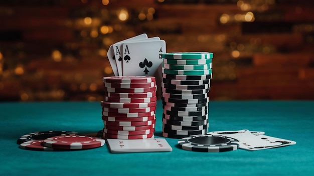 ポーカーテーブルで2つのエースを持つ白緑黒赤のカジノチップのスタック