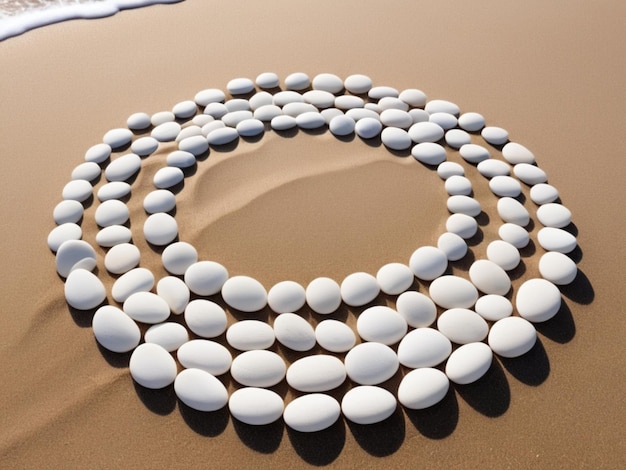 A stack of white pebbles forming a circular pattern on a sandy beach