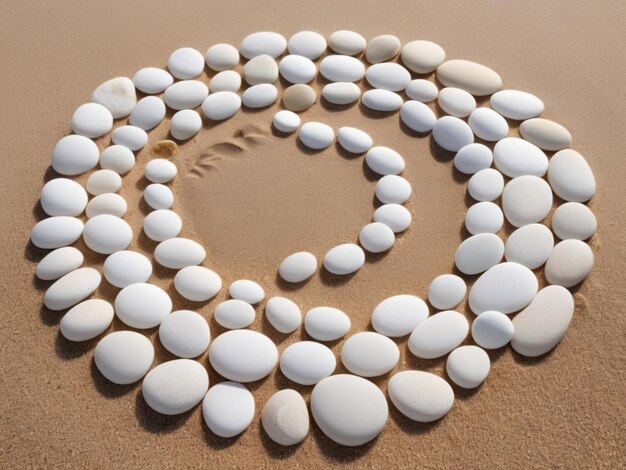 A stack of white pebbles forming a circular pattern on a sandy beach