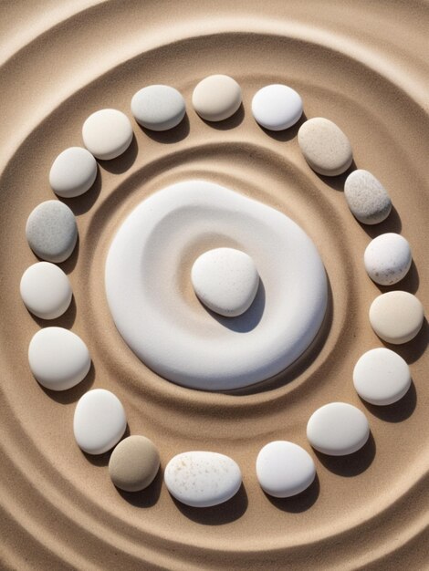 Photo a stack of white pebbles forming a circular pattern on a sandy beach