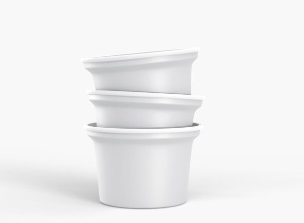 Stack white plastic cups for ice cream yogurt or dairy products Realistic set of blank round jars tubs paper food containers Packaging template isolated on background side view 3d render mockup