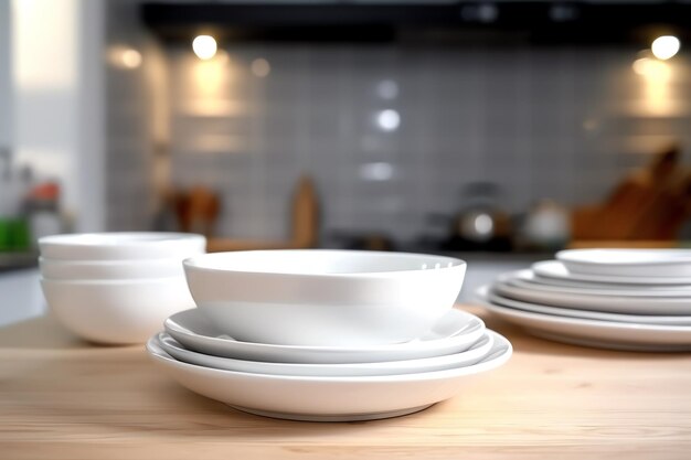 A stack of white plates and bowls on a wooden table