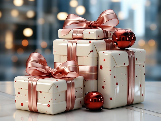 상단에 활이 달린 흰색과 빨간색 선물 상자 더미.