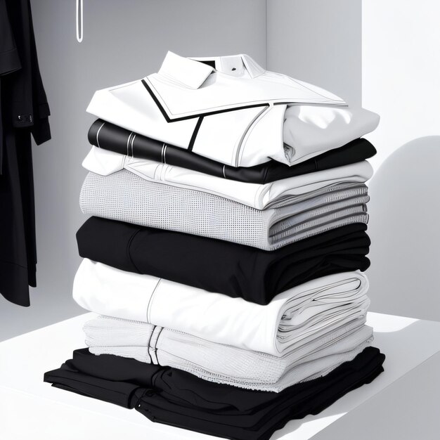 A stack of white shirts with the word " on them "