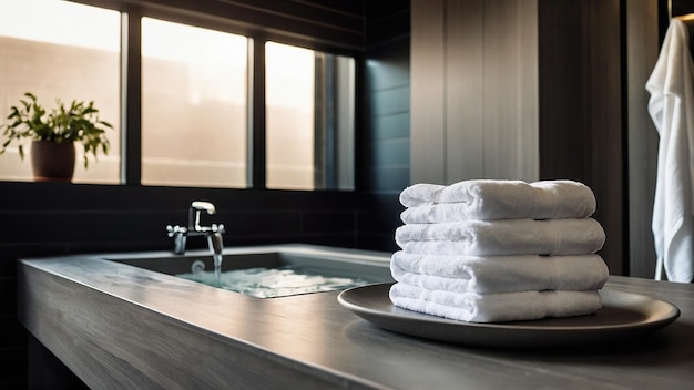 A stack of white towels on a table in a white scandinavian style bathroom against a background of