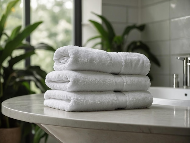 A stack of white towels on a table in a white Scandinavian style bathroom against a background