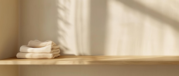 a stack of white towels on a wooden shelf