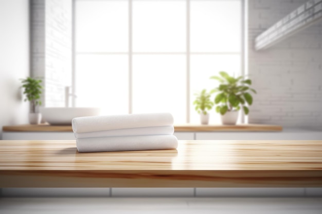 Stack of white towels on wooden table in modern kitchen