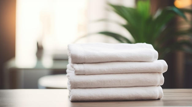 Stack of white towels on wooden table with green plant in background