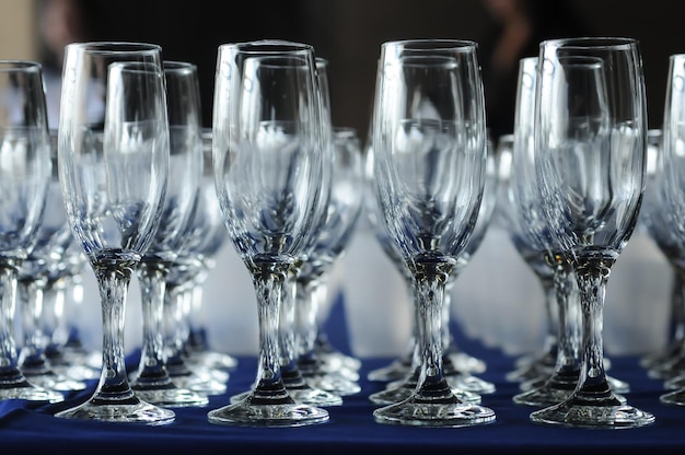 Stack of wine glasses in a party