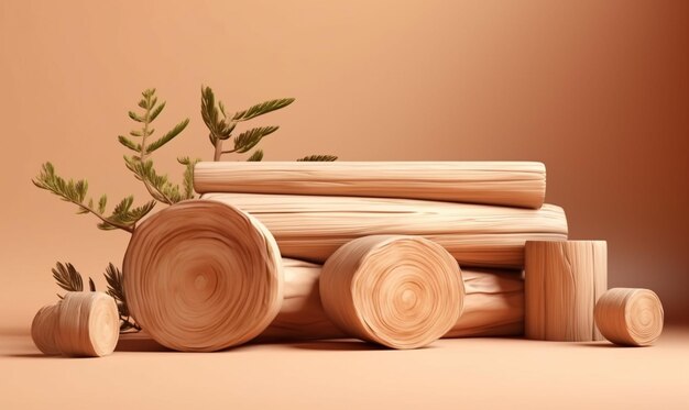 A stack of wood logs with a plant in the background