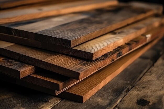 A stack of wood that is dark brown and has a few other pieces of wood on it.