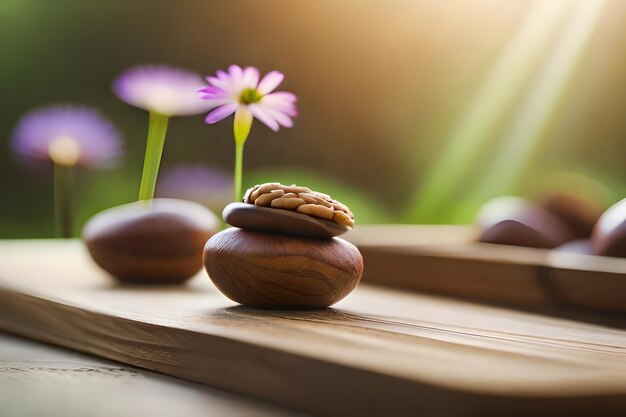 a stack of wooden balls with flowers in the background