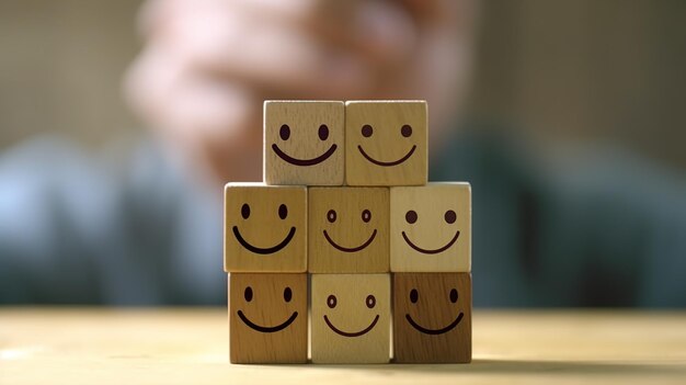 A stack of wooden cubes with smileys on them, with a hand holding a small wooden box that says " happy ".