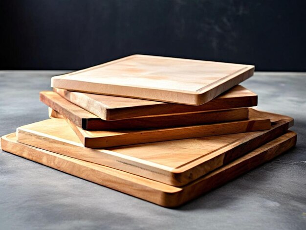 stack of wooden cutting boards on a concrete gray table