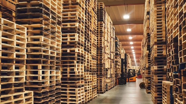 Stack of wooden pallets in storage warehouse