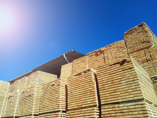 Stack of wooden planks at the lumber yard