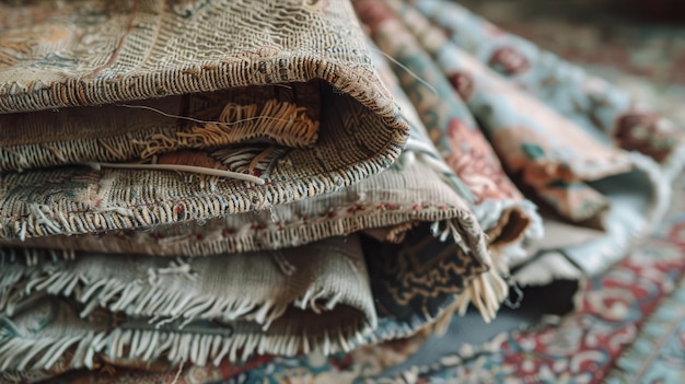 A stack of wool rugs on a grey rug with wrinkle and wood trunk details