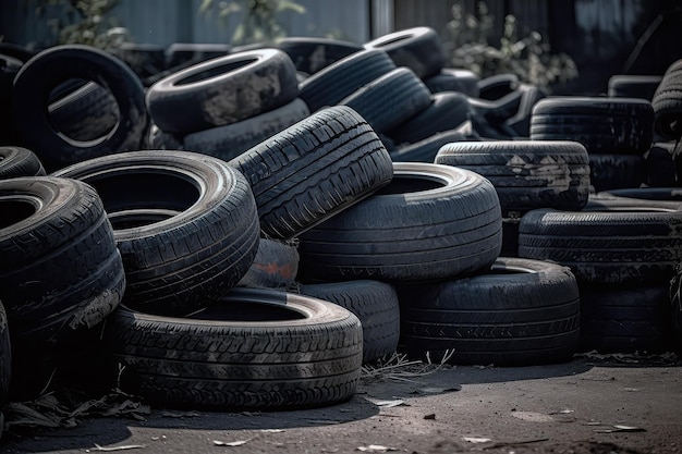 Stack Of Worn Out Tires In Scrap Yard Generative AI