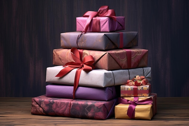 Stack of wrapped gifts in different sizes and colors