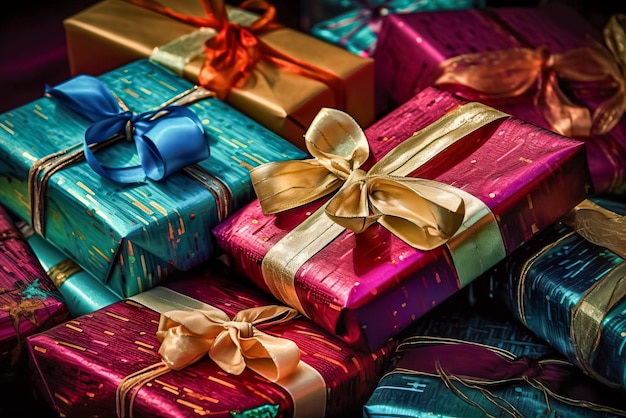 Photo a stack of wrapped presents with a gold ribbon around the top.