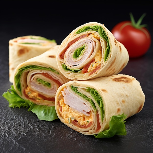 A stack of wraps with lettuce, tomato, and chicken on top.