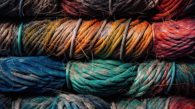 A stack of yarns with a blue and green yarn.