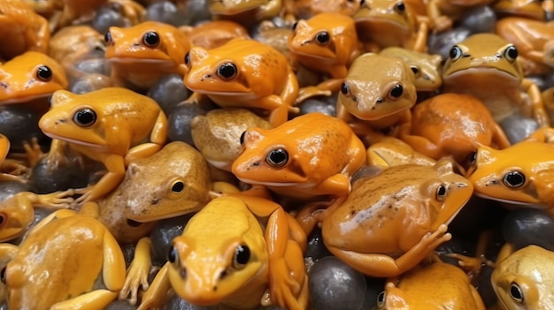 A stack of yellow and brown frogs Generative ai