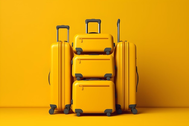 A stack of yellow luggage with the word " travel " on the bottom.