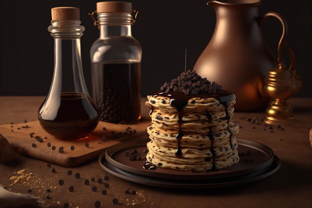 Stack of yummy pancakes with dark chocolate pieces melting Illustration Generative AI