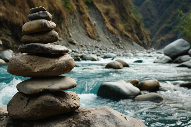 Stack of zen stones on the background of a mountain river