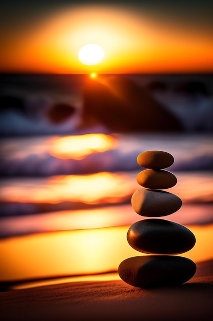 Стопка дзен-камней на галечном пляже на закате Балансирующие камни на пляже