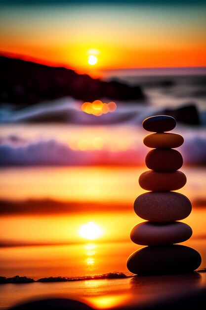 Foto pila di pietre zen sulla spiaggia di ciottoli al tramonto